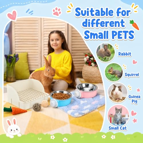 Reallnaive 15 Pcs Rabbit Starter Kit Small Rabbit Litter Box Girls Gift Animal Grooming Kit Bunny Toys Bowl Blankets with Cleaning Set for Guinea Pig Accessories(Cream White) - color: Cream White