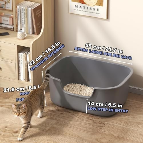 Large Open Cat Litter Box with High Sides, Anti-Splashing for Indoor Cats, Low Entry for Kittens & Elderly Cats, Spacious Litter Pan, Tool-Free Assembly(21.7” * 16.5” * 8.5” Grey) - color: Grey