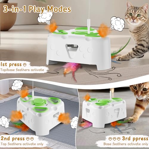 3-in-1 Automatic Interactive Cat Toy, Flying Bird, Mole & Feather | Rotating feather, 3 play modes, cheese-shaped non-slip base, USB-C rechargeable 1200mAh battery, 8-minute auto shutoff - color: White