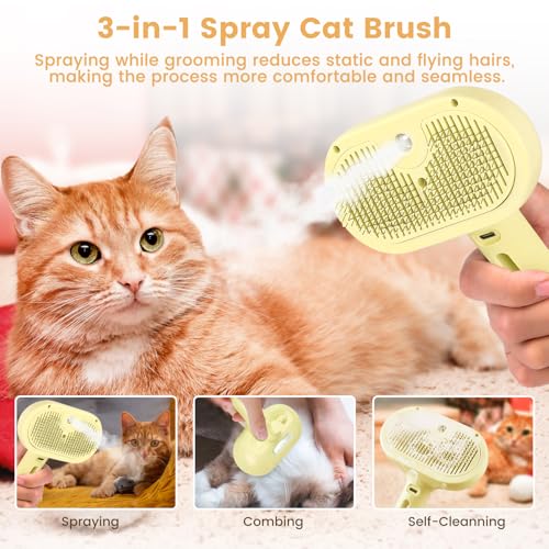 3 in 1 Cat Steam Brush, Pet Spray Hair Removal Comb for Shedding & Grooming, Water Brush for Cats Dogs Small Animals Long Short Haired with One-Click Release Button(Yellow) - color: Yellow