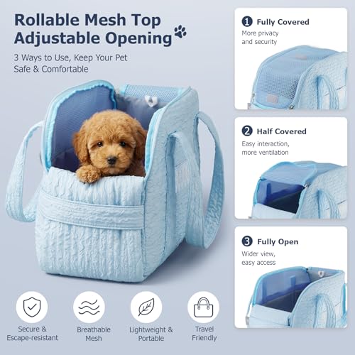 Dog Carrier Tote Bag, Foldable Soft Sided Breathable Mesh Lightweight Travel Handbag with Padded Handles, Lace Decor Portable Pet Purse for Small Puppy Kitten Cat Up to 15 Lbs (Blue) - color: Blue