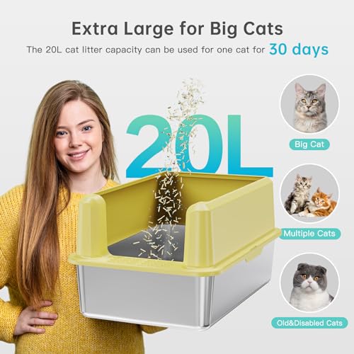 Stainless Steel Cat Litter Box, XL High Sided Open Top Litter Pan, 1 Scoop | Extra Large Litter Box for Big Cats, High Sides, Anti-Urine Leakage, Non-Stick, Odor-Free, Easy Clean, Reduce Litter Tracking - color: 21 - Yellow (Pack of 1)