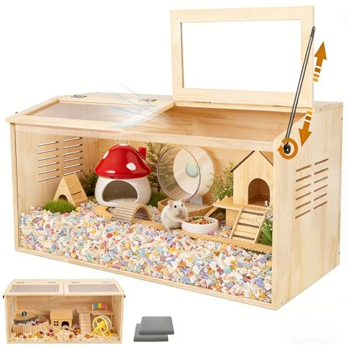Wooden Hamster Cage,32" Lx16 Wx16 H,2 Washable Liner, Animal Cabinet for Dwarf Syrian Hamsters Degus, Hamster Habitat with Openable Top and Large Acrylic Sheets, Natural Wooden Hamster Habitat - size: 32.0"L x 16.0"W x 16.0"H