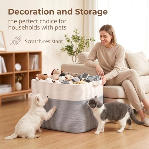 OIASKET 108L Cotton Rope Storage Basket for Living Room and Bedroom 25"x16"x16" Woven Laundry Basket, Heavy Duty Bin for Blankets, Pillows & Toys, Pet-Safe & Scratch-Free, Grey and White - color: Grey & White