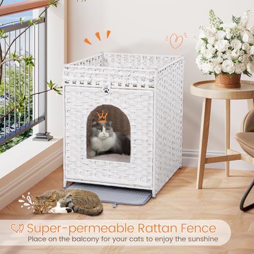Snughome Cat Litter Box Enclosure Furniture Hidden with Litter Mat, Hidden Washroom Furniture with Door, Handwoven Rattan Cat Washroom Box, Indoor Pet House for Living Room, Bedroom(White) - color: White