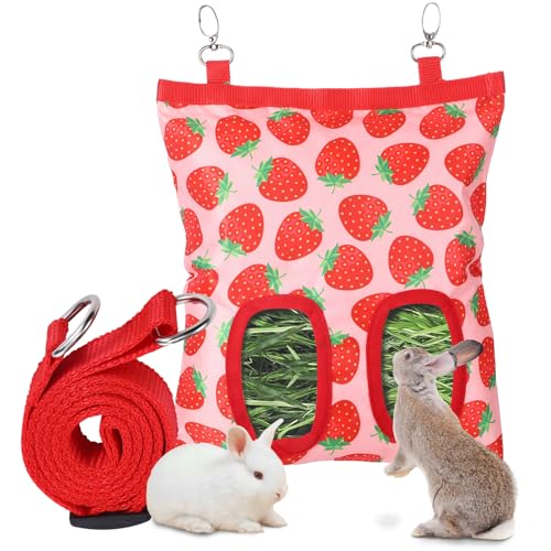 Rabbit Hay Feeder, 2 Hole Washable Hanging Hay Bag for Guinea Pig | Hay Holder for Guinea Pigs Rabbits Chinchilla Hamster Bunny Small Pets and Animal, Strawberry Pattern, 11x9.8inch - color: strawberry