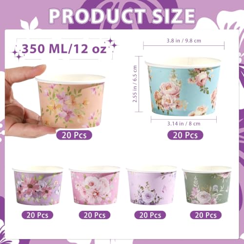 120Pcs 12oz Summer Ice Cream Cups for Hot or Cold Food | Vintage Flower Dessert Bowls Disposable Butterfly Large Snack Cups for Sundae Treat Floral Baby Shower Wedding Party Supplies - style: Retro Floral Ice Cream Cups