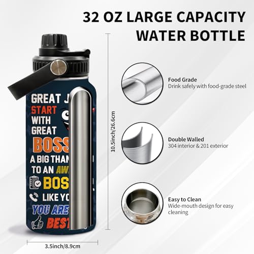 Boss Day 32oz Water Bottle, Leak-proof Bottle, Stainless Steel Cup | 32oz Insulated Sport Tumbler, with Handle & Lid Reusable Mug, Thanksgiving Christmas Birthday Gift for Boss - color: Boss
