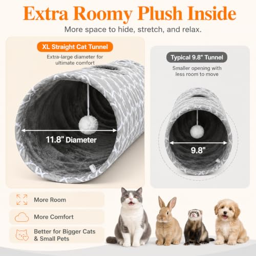 Geometric Straight Cat Tunnel with Plush Inside,Cats Toys Collapsible Tunnel Tube with Balls, for Rabbits, Kittens, Ferrets,Puppy,Diameter 11.8 Inch - size: Extra Large Straight Tunnel