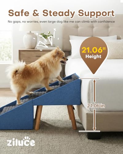 Dog Ramp for Bed & Couch, Dog Stairs 21.06 inches High for Large/Medium/Small Doggie, Foldable 2 in 1 Wooden Pet Steps for Puppy Older and Injured Dogs, Split Ottoman Design, No-Slip Surface - size: 21.06" H-Blue