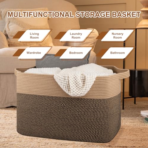 OIASKET 108L Cotton Rope Storage Basket for Living Room and Bedroom 25"x16"x16" Woven Laundry Basket, Heavy Duty Bin for Blankets, Pillows & Toys, Pet-Safe & Scratch-Free, Brown and Black - color: Brown & Black