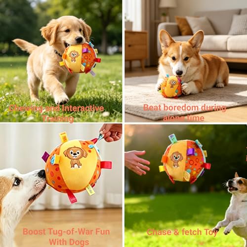 Dog Tag Toy, 6-Inch Squeaky Plush Toy for Puppies & Small Medium Dogs | Soft Stuffed Cotton Ball, Built-In Bell, Interactive Retrieval Toy, Puppy Play Gym & Busy Toys