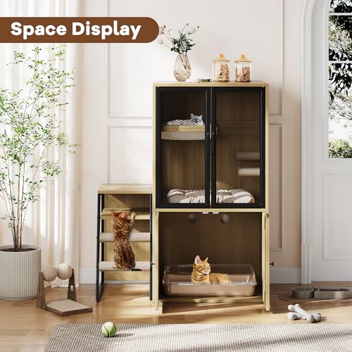 TrailBlaze Litter Box Enclosure with Platform, Double Layer Hidden Furniture, Modern Villa Cat Cabinet with Ladder, Hammock & Metal Mesh Door, Indoor Washroom Cat House-Burlywood - color: Burlywood