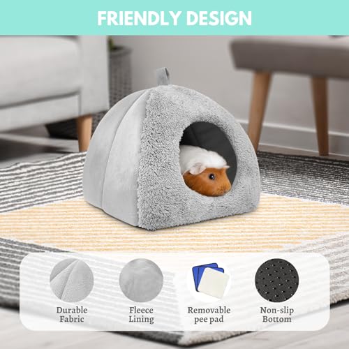 Guinea Pig Hideout Bed with 2 Absorbent Leak-Proof Bottom Pee Pad | Fleece Small Animal House, Washable Hide Hut for Dwarf Rabbit Chinchilla - color: Grey