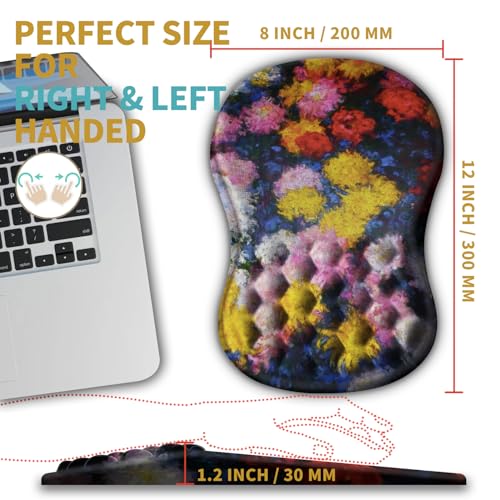 Hokafenle Ergonomic Mouse Pad Wrist Support with Massage Design, Wrist Rest Pain Relief Mousepad with Memory Foam&Non-Slip PU Base, Mouse Pads for Wireless Mouse & Desk(12x8 inch,Monet Chrysanthemum) - color: HK032-Monet Chrysanthemum
