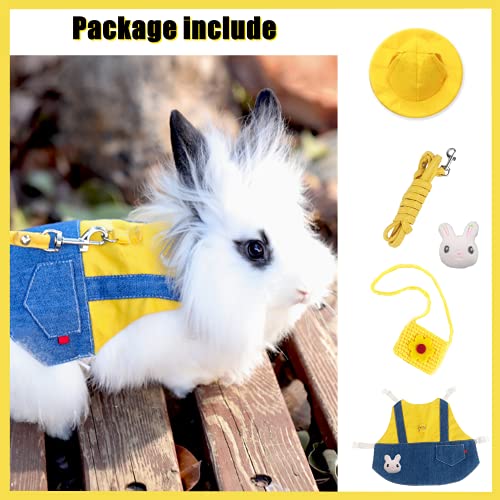 Guinea Pig Clothes,Soft Bunny Ferret Clothes with Pet Rabbit Harness and Leash Mini Hat Bag Cute Brooch for Kitten Small Animal Collars - color: ADenimYellow, size: Small