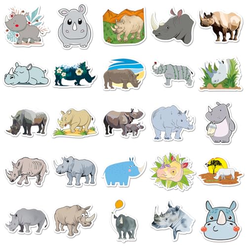 50Pcs Rhino Stickers, African Animal Waterproof Vinyl Stickers, Cute Rhinoceros Decals for Water Bottles Laptop Journal, Scrapbook, Phone, Cup, Skateboard, Helmet, Safari Party Favors for Kids Teens - color: Rhinoceros-5