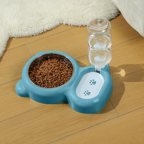 Dog Bowls, Cat Food and Water Bowl Set with Water Dispenser and Stainless Steel Bowl for Cats and Small Dogs - Blue - color: Blue