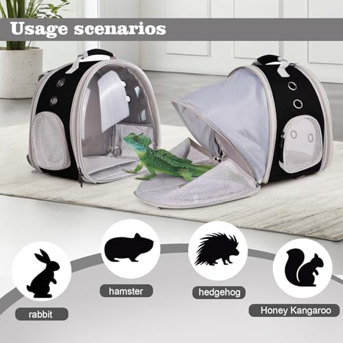 WEVONIGU Expandable Small Animal Backpack Carrier with Clear Bubble Window Large Space Travel Cage for Hedgehog Rat Parrot,Bearded Dragon,Sugar Glider,Airline Approved (Black, BE Backpack) - color: Black, size: BE Backpack