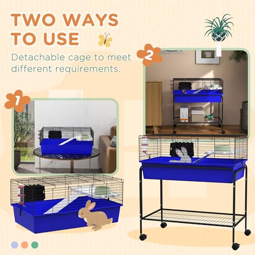 PawHut Two-Story Small Animal Cage Removable from Stand, Guinea Pig Cage with Shelf & Wheels, Pet Habitat for Hedgehog, Chinchilla, Ferret, 33" x 18.5" x 35", Blue | Removable from Stand, Guinea Pig Cage, Pet Habitat for Hedgehog, Chinchilla, Ferret - col