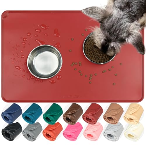 VIVAGLORY Pet Food Mat Flexmat Dog Bowl Mat, L, Burgundy | Non Slip Silicone for Pet Kitten & Doggy, Placemat with Lip for Floor - color: Burgundy, size: L (24.0 x 15.7in)