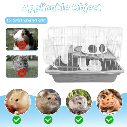 PINVNBY Dwarf Hamster Cage, Small Animal Cages, 2-Tier Travel Portable Mouse Cage Hamster Carrier with Castle House Running Exercise Wheels, Water Bottle and Food Dish（Gray） - color: Gray, size: L: 13.78x10.23x11.02in