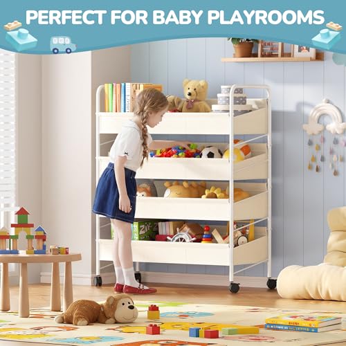 Kids Toy Storage Organizer with 4 Shelves & Wheels for Playroom | White, Large Size, Steel Frame & Oxford Fabric, Rolling Casters with 2 Locks, Safe Rounded Edges, Easy Assembly - size: 3X-Large-Large