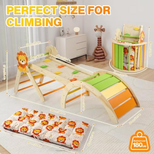 Pikler Triangle Set with Cushion, 7 in 1 Toddler Climbing Toys Indoor | Foldable Space-saving Design, Montessori-inspired Learning, Reversible Slide & Ramp, ASTM F963 Standards for Toddlers 18M-5Y - color: Lion