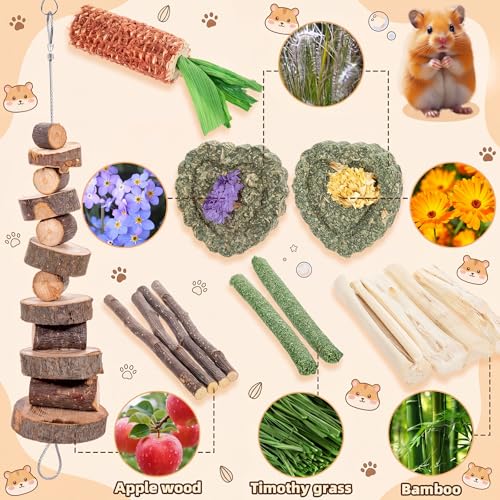 Leitee 30 Pcs Hamster Toys Set Small Animal Chew Toys Teeth Care Wooden Accessories Applewood Timothy Hay Mouse Toy Swing Seesaw Bridge for Guinea Pig, Chinchillas, Gerbils, Mice, Rats