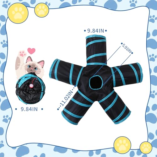 Pet Cat Tunnel, 5 Way Tunnels for Indoor Cats, Collapsible Pet Tunnel for Kitten, Puppy, Rabbit, 25cm-Wide Tunnels, Durable & Breathable, with Peek Hole Toy Ball - color: 5-way & Black/Blue