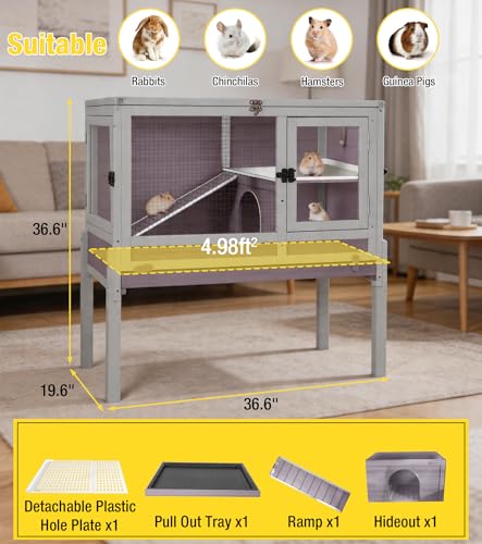 Aivituvin Guinea Pig Cages, Rabbit Hutch with Anti-Chew Frame, Bunny Cage with Cleaning Sliding Tray, 3 Openable Areas, Assemblable Legs, Ramp & Hideout Included - Grey - color: Grape Purple