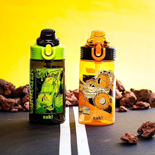 Zak Designs Hot Wheels Sage 16oz Leak-Proof Straw Kids Water Bottle, 2-Pack | BPA Free Durable Plastic, Cupholder Friendly, Dishwasher Safe, Easy to Clean, Lid Lock, Handle, For School, Home, Travel - color: Hot Wheels (Monster Trucks)