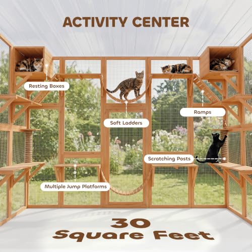 PawHut Catio Outdoor Cat Enclosure Window, 118" x 37.5" x 74", Orange | Outdoor Cat House, Weather Protection Roof, for Multiple Kitties, Wooden Frame, Shelves & Bridges - color: Orange