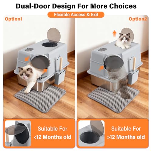 Stainless Steel Litter Box with Lid,Extra Large Enclosed cat Litter Box | Enclosed Metal litterbox with Flip Top,Front and Top Entry,Anti-Leakage,Easy Cleaning,Includes Scoop & Mat - color: Enclosed-XL