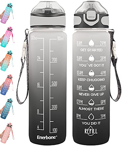 Enerbone 32 oz Drinking Water Bottle with Times to Drink and Straw, Motivational with Carrying Strap, Leakproof BPA & Toxic Free, Ensure You Drink Enough Water for Fitness Gym Outdoor - color: Gray-Black