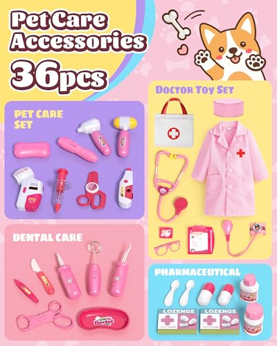 Eohemeral Pet Vet Kit for Kids with 2 Plush Pets (Dog&Cat) &Doctor Costume | 36Pcs Interactive Veterinarian Playset for Toddlers 3-5 to Overcome Fear of Doctors- Pretend Play Animal Hospital Toy Gift