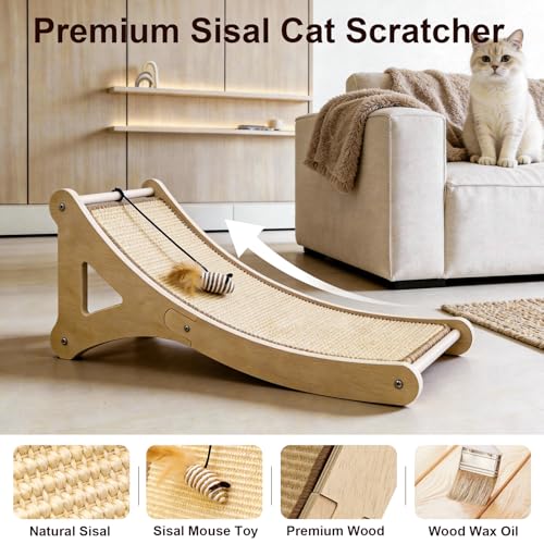 Sisal Cat Scratcher, Cat Scratching Board with Mouse Toy | 24” Wooden Ramp, Vertical and Horizontal Use for Wall and Floor, Easy Assembly, Climb and Scratch Fun, Protects Furniture