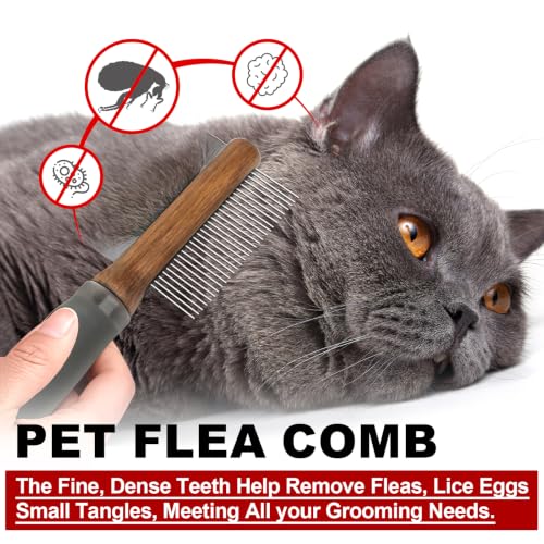HOP 2-in-1 Dog Dematting&Deshedding Comb with Wooden Handle 8.31in/21.1cm | Double-Sided Fine&Wide Metal Tooth Dematting Comb,Pet Flea Comb for Dogs&Cats,Gentle Remove Loose Hair Tangles Dirt Fleas