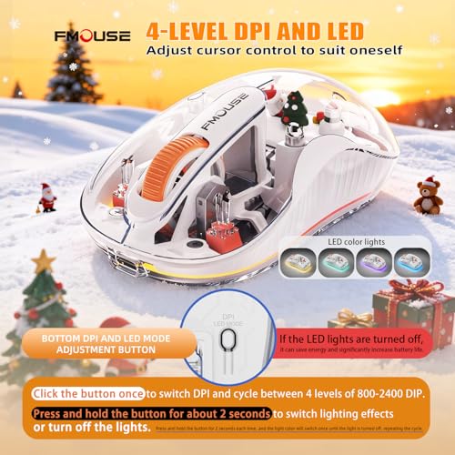 FMOUSE Transparent Wireless Mouse, Tri-Mode Bluetooth & 2.4GHz, White | Santa Claus Figurines | USB-A & USB-C Receiver | Rechargeable | MacBook Laptop iPad PC | Silent Clicks | Portable | RGB - color: White - Christmas Special Edition