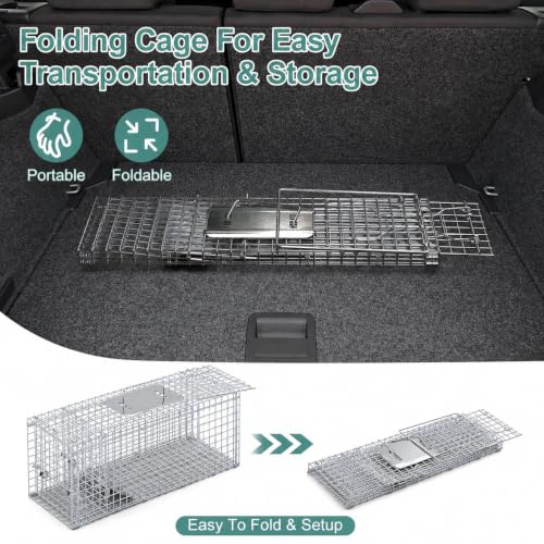 Live Animal (Under 4.4 lbs) Cage Trap, Collapsible Humane Animal Trap for Small Raccoons, Galvanized Steel Small Animal Trap Cage for Rabbit,Stray Cat,Chipmunk,Mole,Gopher,Foxes，24x7.1x8.2inches