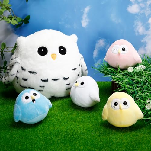 Hollowfly 5 Pcs Snowy Owls Plush Toy Gift Set 9.5" Mommy Owls with 4 Cute Pastel Babies Stuffed Animal in Zippered Butt Nurturing Plushies Toy Set for Kid Adults Birthday Party Favors Gifts - style: Colorful Owls