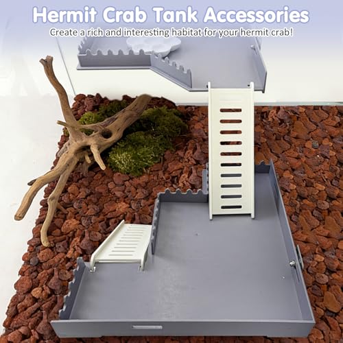 Hermit Crab Climbing Platform L-Shaped & M-Shaped Hermit Crab Climbing Toys with Ladder and Food Dish Habitat Tank Accessories for Reptiles Hamsters Geckos Small Lizards (Gray)