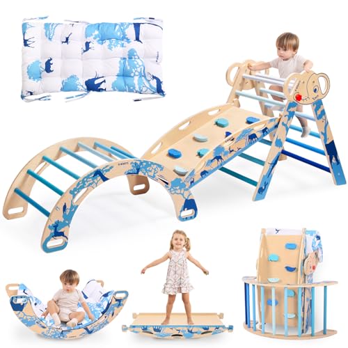 Pikler Triangle Set, Montessori 8-in-1 Climbing Set with Cushion | Wood Jungle Gym for 18M-5Y, Foldable, Reversible Animal Slide, Patent-Protected, 2.35in Gap, ASTM F963, Blue - color: Blue