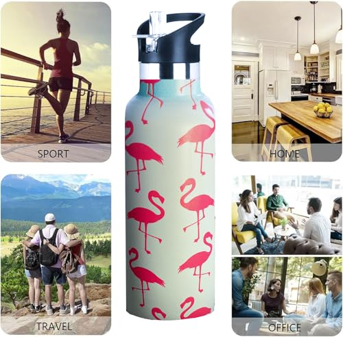 Kids Water Bottle with Straw,Flamingo Bottle Vacuum Insulated Stainless Steel Travel Mugs Tumbler For Sport School Outdoor 20 oz - color: Blue Flamingo