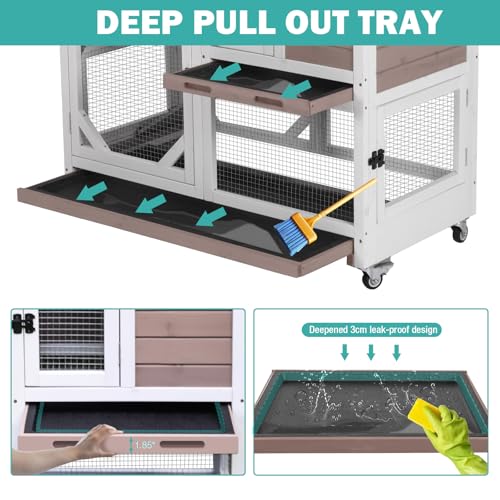 Rabbit Hutch Indoor for 2-4 Rabbits & Guinea Pigs，Bunny Cage with Slide-Out Plastic Trays，Wooden Small Animal Cage for Rabbits, Bunnies, and Guinea Pigs - color: (Brown-AIR7013)
