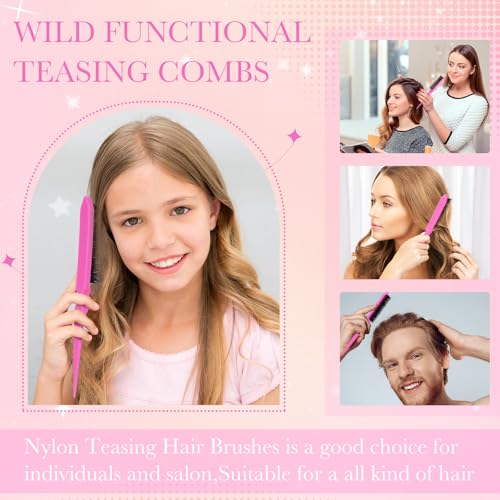 Yaomiao 6 Pcs Teasing Brush Set, 3 Row Nylon Rat Tail Combs for Fine Hair, Back Combing, Root Lifting, Scalp Massage, Hair Brushes for Women Salon Home Use(Pink) - color: Pink