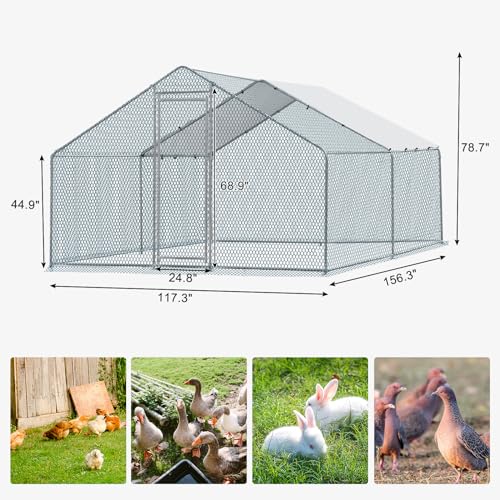 Outvita Chicken Coop, 13×10 FT Large Metal Chicken House, Poultry Habitat Cage with Waterproof Cover, Walk-in Chicken Run Pen for Small Animals, Yard, Farm, Patio - color: Silver, size: 156.0"L x 120.0"W x 78.0"H
