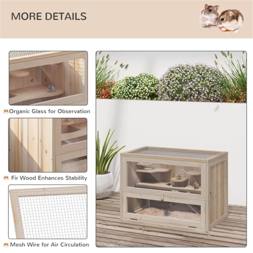 Wooden Hamster Cage, Animal Cabinet for Dwarf Syrian Hamsters Degus, Hamster Habitat with Openable Top and Large Acrylic Sheets, Natural Wooden Hamster Habitat with 2 Openable Door. Shipping from USA