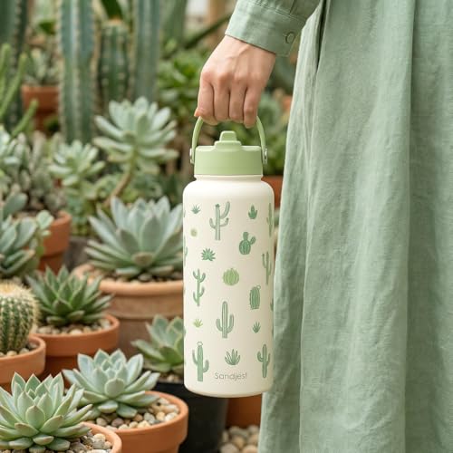 Cactus Gift for Women, Water Bottle Stainless Steel 32oz with Lid & Straw, Plants Lover Insulated Bottles Gifts for Girls Friends Teens Birthday Christmas - color: Cactus