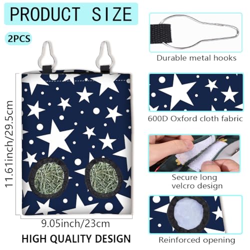 2Pcs 2 Styles Hay Feeder Bag for Bunny Guinea Pigs Chinchillas 11.6 x 9.1 Inch Small Animal Hay Bags with 2 Holes Blue Star Daisy Cloth Washable Hanging Pet Feeding Storage Cage Accessories - color: Star